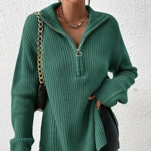 Half Zip Ribbed Knit Drop Shoulder Split Hem Sweater